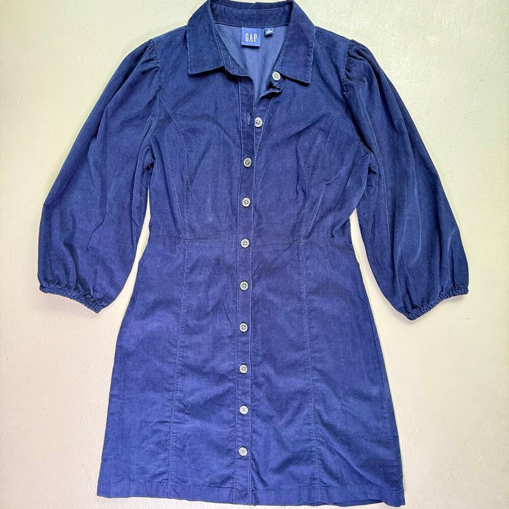 Gap Blue Corduroy Button Front Puff Sleeve Cottagecore Shirt Dress SP
